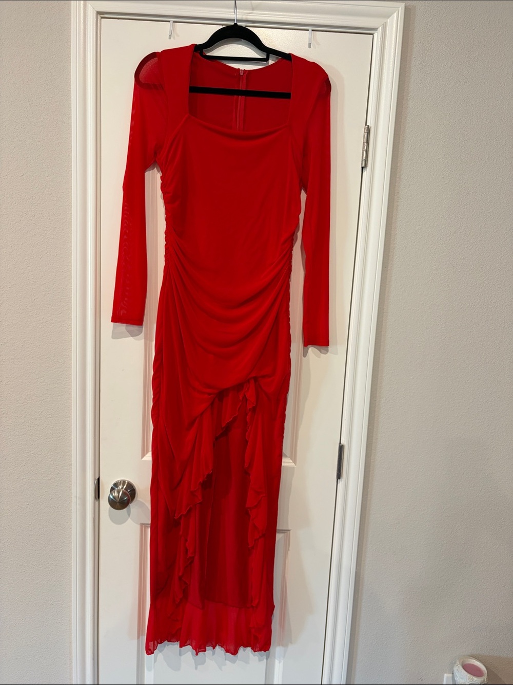 Red Long Sleeve Ruffle Maxi Dress